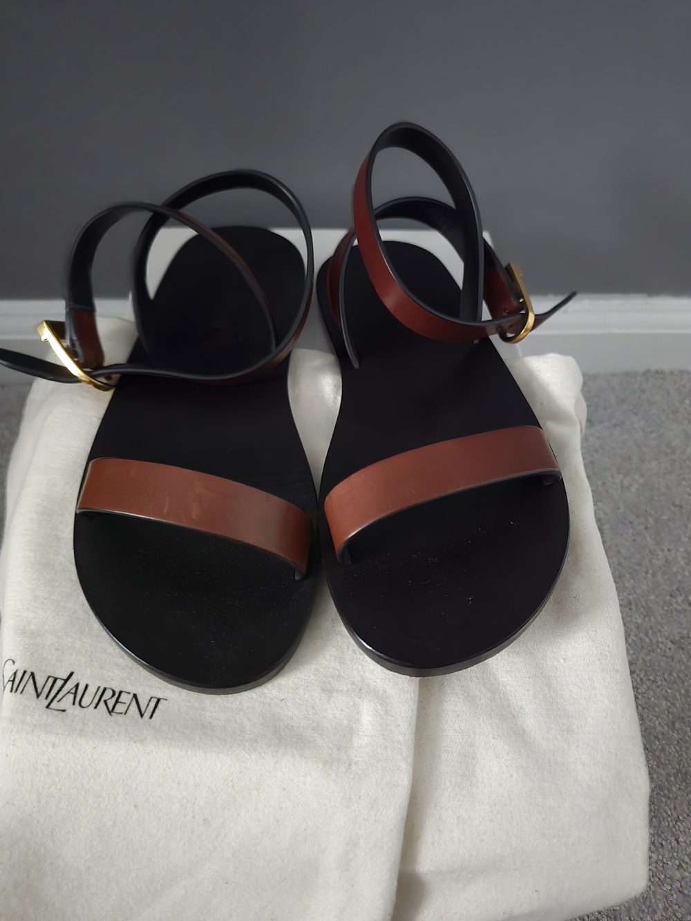 Saint Laurent Black & Brown Leather Ankle-Strap Sandals- 37